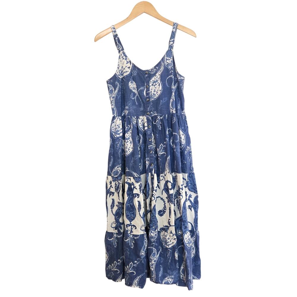 Bombay & Paisley Blue White Paisley Floral Tiered Button Front Midi Dress M